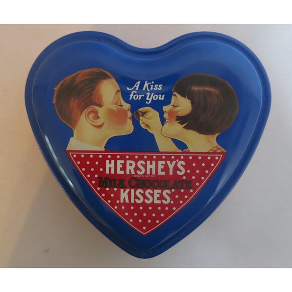 Hersheys Kisses Heart Tin Candy Vintage Retro "A Kiss for You" Red Blue Empty - Picture 1 of 9